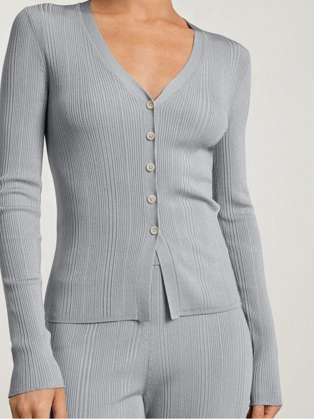 Everlane ribbed knit cardigan in the color sky